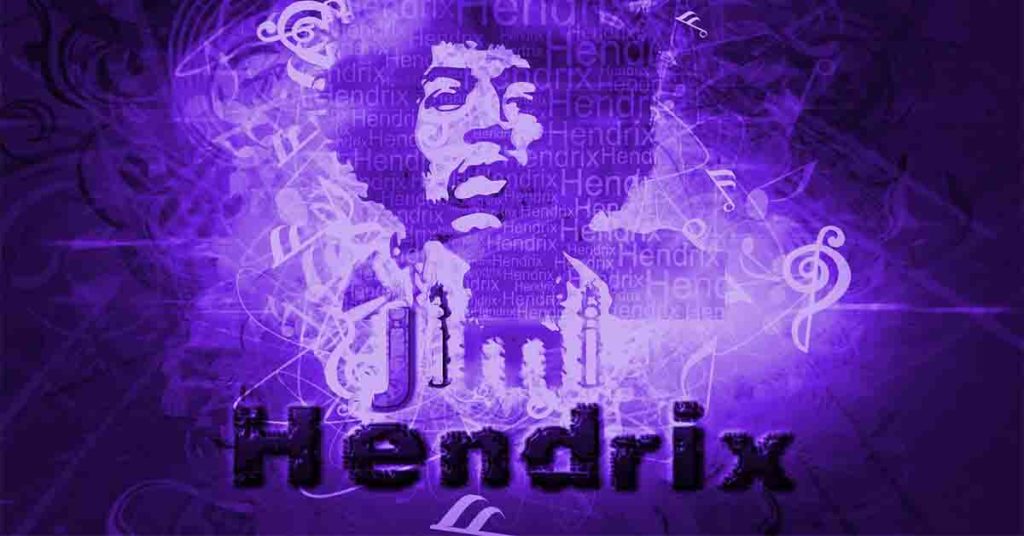 Picture of Jimi Hendrix with purple clouds