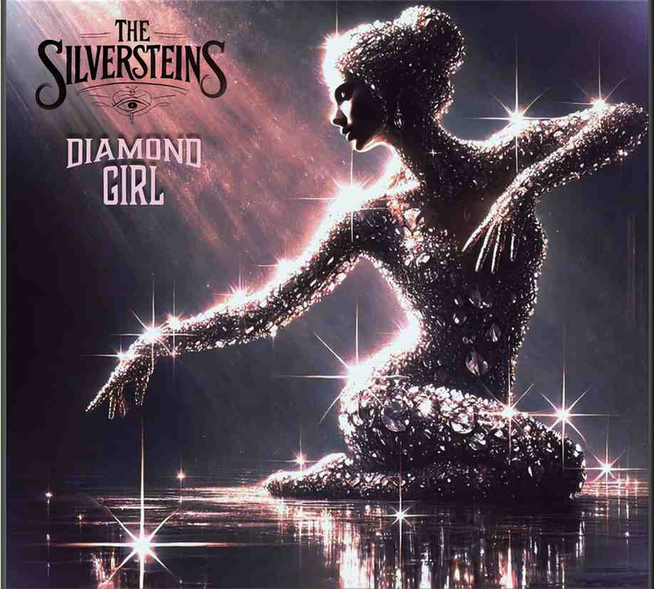 A woman covered in diamonds kneeling in shimmering water, looking down her arm with a calm expression, with the text The Silversteins Diamond Girl on the artwork.