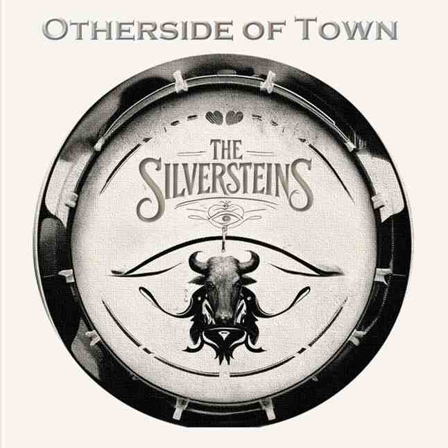 Circular badge style artwork featuring a bull head in the centre with accent lines around it, the band name displayed in an elaborate font at the top and the album title Otherside of Town above on a cream toned monochrome background.