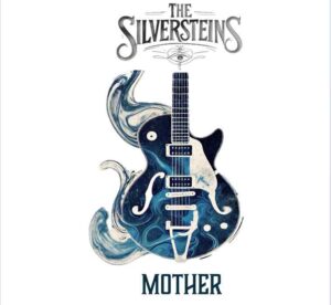 Blue Gibson style guitar with decorative brushstrokes on a white background, featuring the band name The Silversteins at the top and the song title Mother at the bottom.