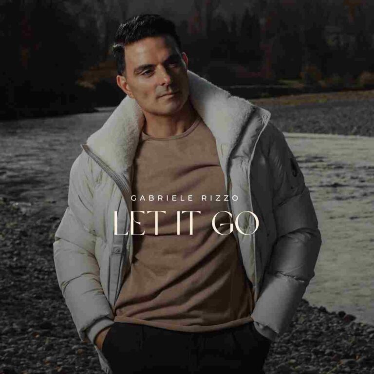 Portrait of artist Gabriele Rizzo wearing a brown casual t shirt and puffy jacket, looking off to the side with the Let It Go title displayed in the centre.