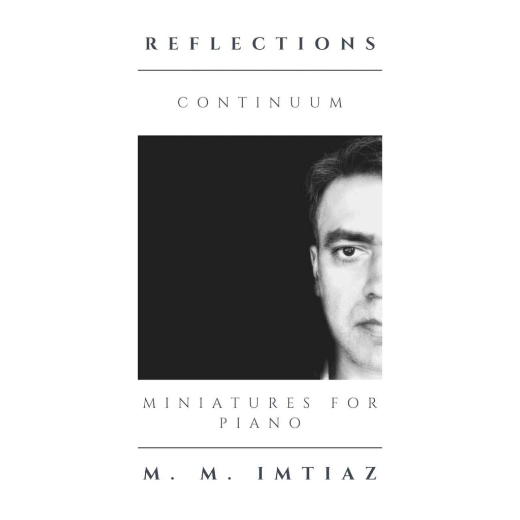Black and white artwork for imtiaz Continuum showing half of the artist’s face emerging from darkness with Reflections and Continuum text on a white background