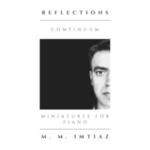 Black and white artwork for imtiaz Continuum showing half of the artist’s face emerging from darkness with Reflections and Continuum text on a white background