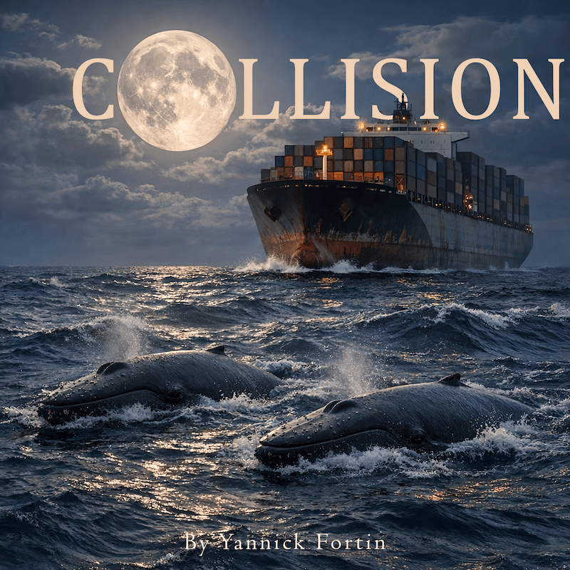 Yannick Fortin Collision artwork showing whales in a stormy ocean at night with a cargo ship approaching in the background