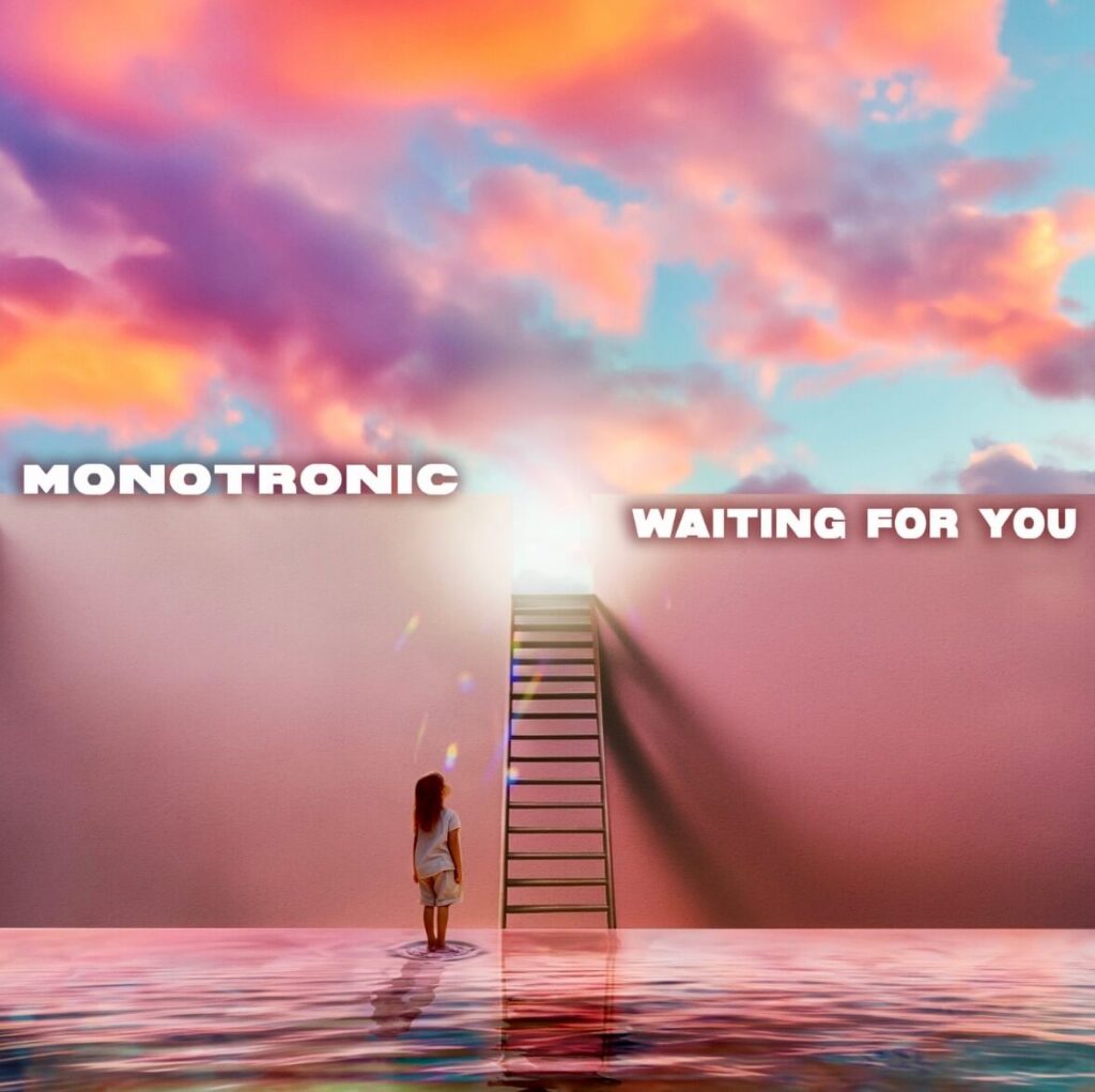 Monotronic Waiting For You album artwork featuring a child standing in water looking up at a staircase leading to a door against a peach pastel sky