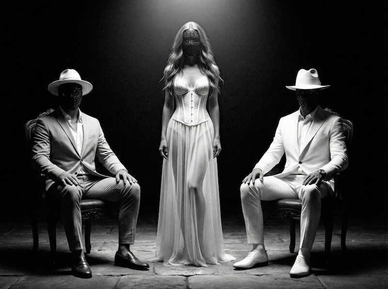 Black and white image of three musicians with two men in suits and hats seated on chairs and a woman in a white dress standing between them under dramatic overhead light