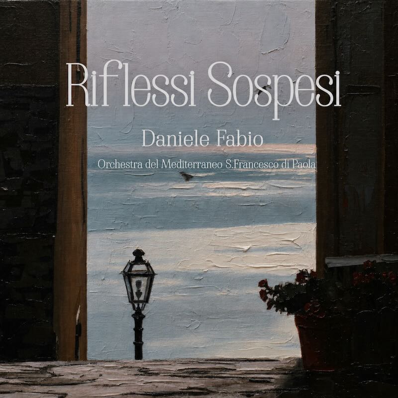 Vintage cracked painting style artwork for Daniele Fabio’s Riflessi sospesi, showing a Mediterranean window scene with dark walls, wooden table, flowers, sea view, sky and a retro lamp post.