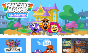 Colourful animated Pancake Manor characters smiling in front of a house, trees and a wooden fence, with the Pancake Manor title in bright letters at the top left.