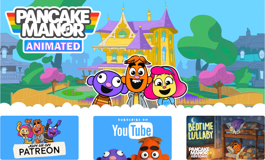 Colourful animated Pancake Manor characters smiling in front of a house, trees and a wooden fence, with the Pancake Manor title in bright letters at the top left.