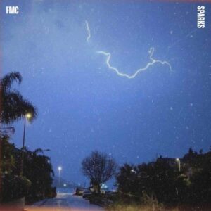 Fat Man’s Corner Sparks artwork showing a palm lined street at night during a thunderstorm, with lightning in the sky and street lights reflecting on the wet road.