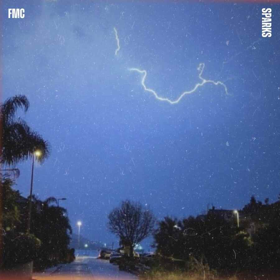 Fat Man’s Corner Sparks artwork showing a palm lined street at night during a thunderstorm, with lightning in the sky and street lights reflecting on the wet road.